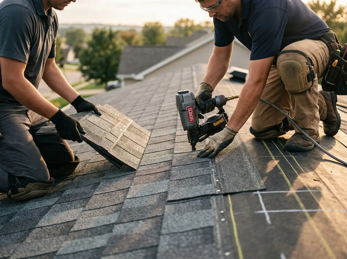 Professional roofer working on a residential roof in Cherry Hills Village